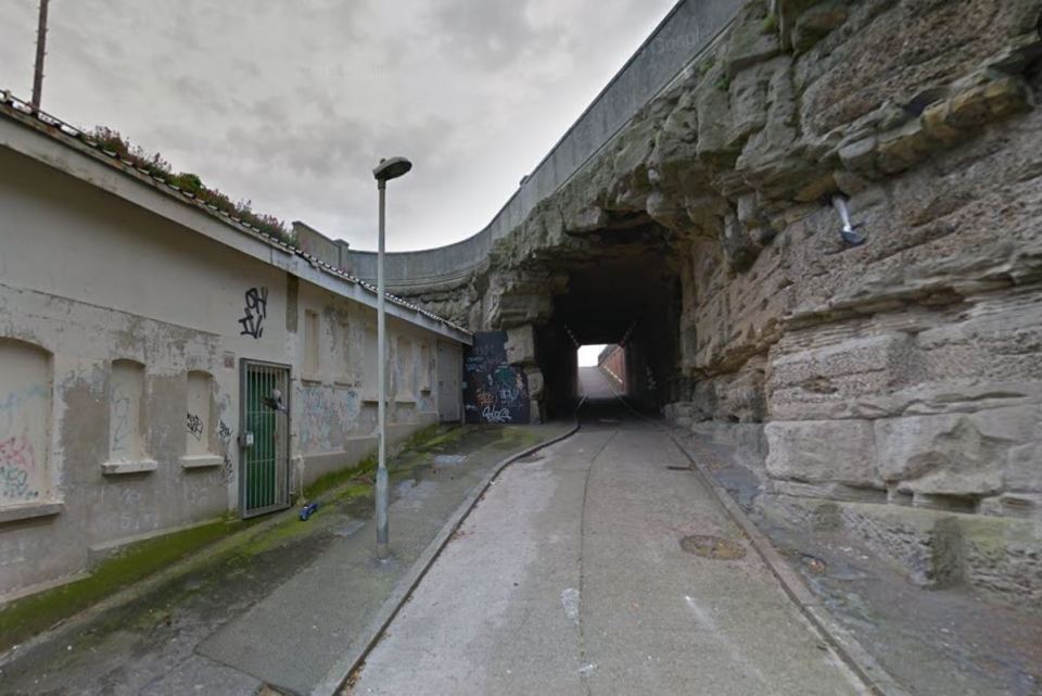 Roadway leading through a tunnel carved into a rock face.