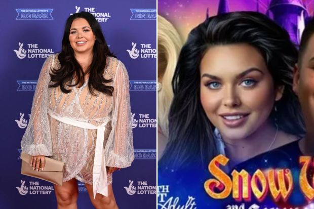 Scarlett Moffatt at the National Lottery's Big Bash, and as Snow White in a promotional image.