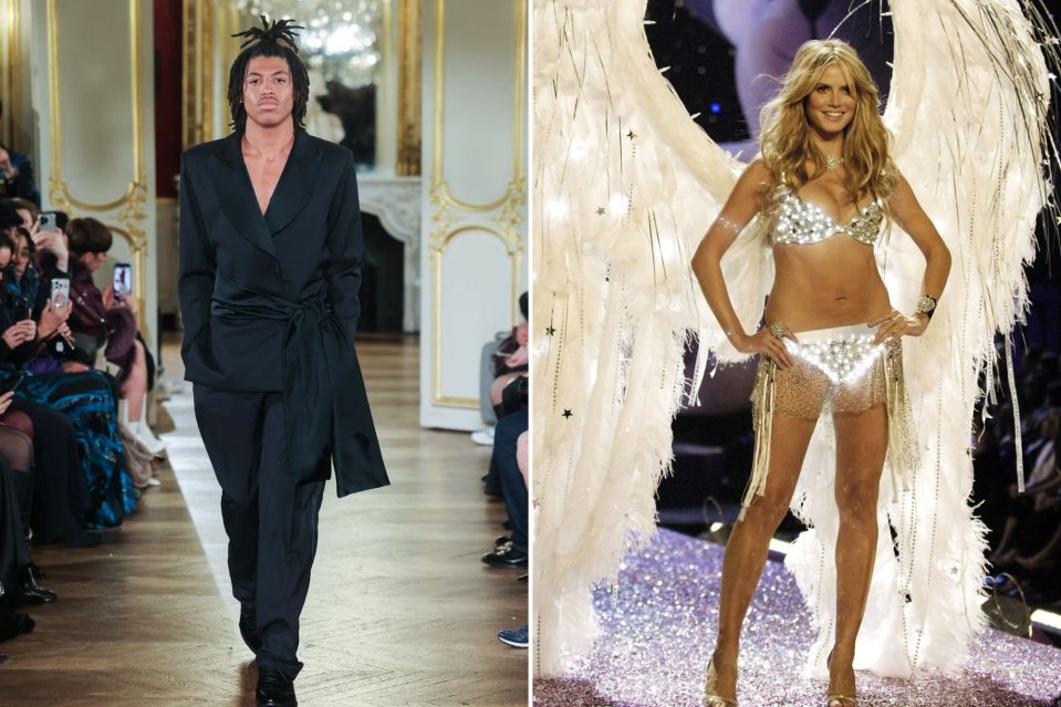 Collage of a male model in a black suit and a female model in a sparkly bra and wings.