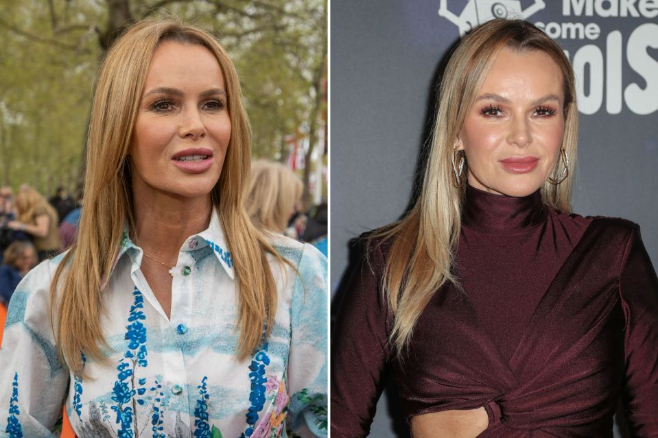 Collage of Amanda Holden in two different outfits.