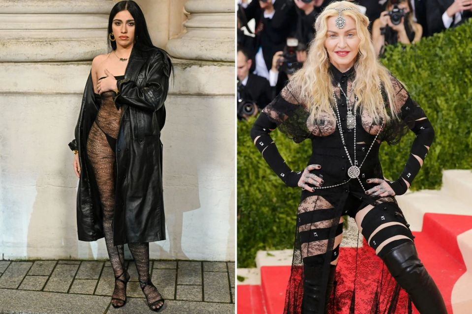 Collage of two women in sheer black outfits.