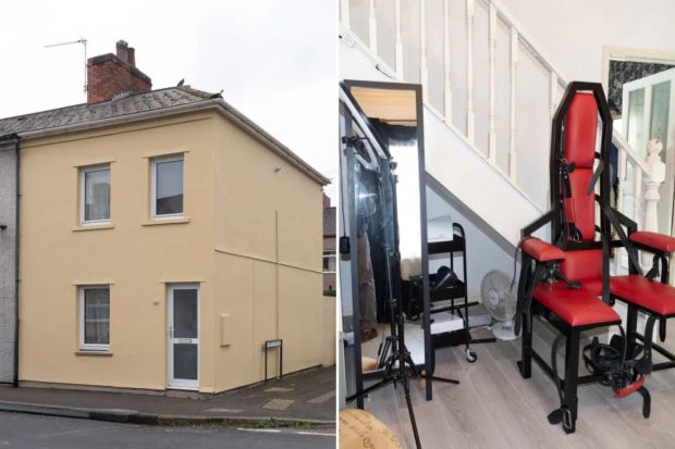 Exterior and interior views of a house; one image shows a beige house, the other shows a red bondage chair.