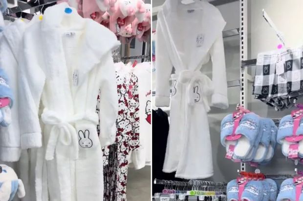 White bathrobes and pajamas featuring Hello Kitty and Miffy designs displayed in a store.