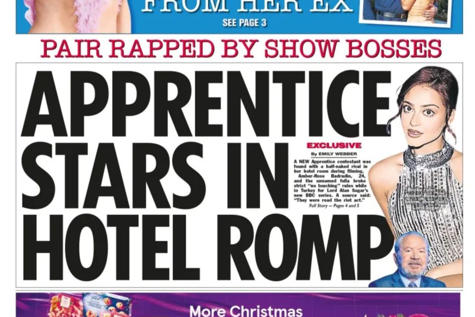 Newspaper headline: Apprentice stars in hotel romp.