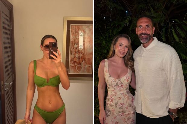 Collage of a woman in a green bikini and a couple posing for a photo.