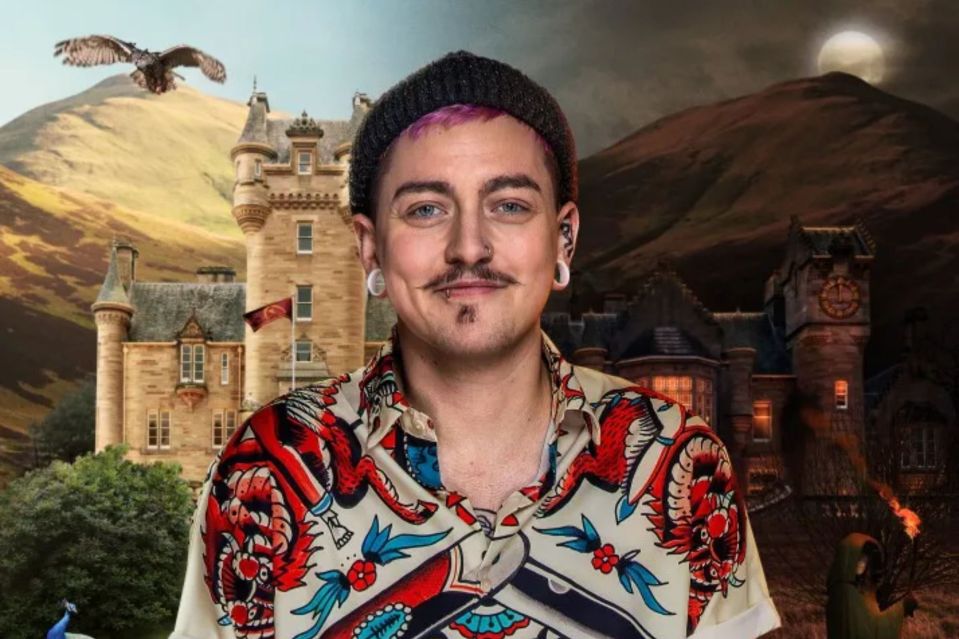 Portrait of Alex, with a castle and a haunted house in the background.