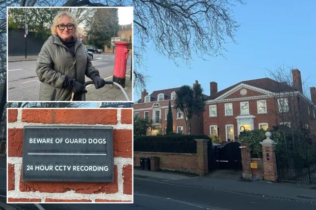 Collage showing a woman near a large house with a sign warning of guard dogs and 24-hour CCTV recording.