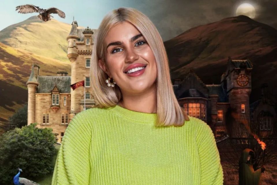 Illustration of a woman in a lime green sweater, with a castle and a dark, spooky castle in the background.