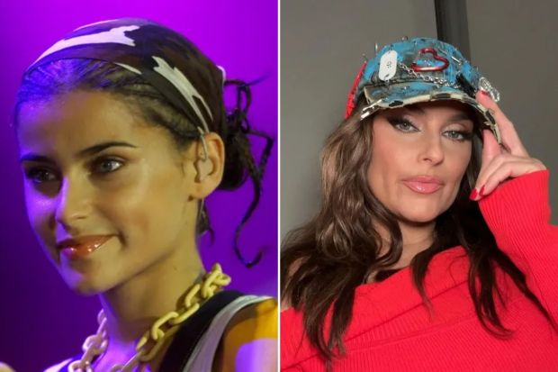 Collage of two women; one with a camouflage headband and the other wearing a decorated baseball cap.