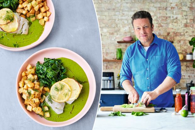 Jamie Oliver preparing a dish of cod with potatoes, spinach, and green sauce.