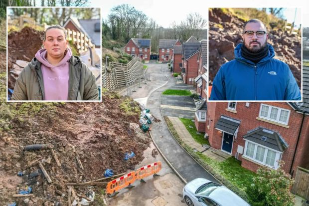 Landslide damage near new homes; residents pictured.