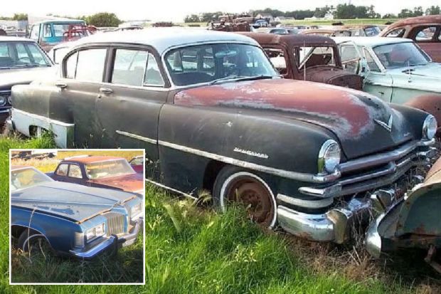 Collage of several vintage cars in a junkyard.