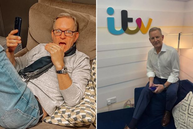 Two photos of a man; one at home looking surprised while holding a phone, the other in an ITV studio.