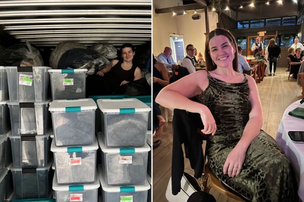 A woman sits at a wedding reception, next to a collage of a woman packing items into plastic storage bins in the back of a truck.