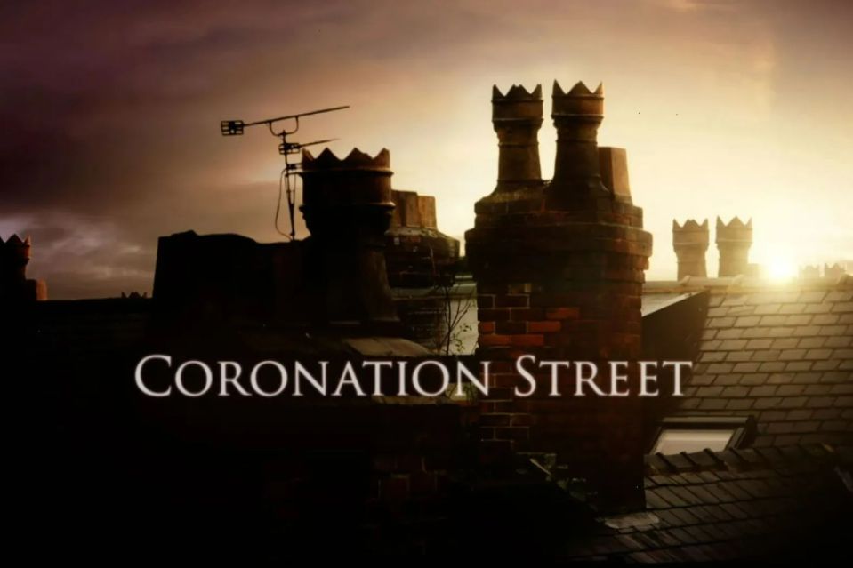 Coronation Street title card over rooftops at sunset.