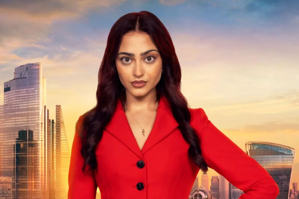 Amber-Rose in a red blazer against a London skyline.