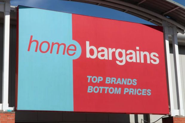 Home Bargains sign: Top brands, bottom prices.