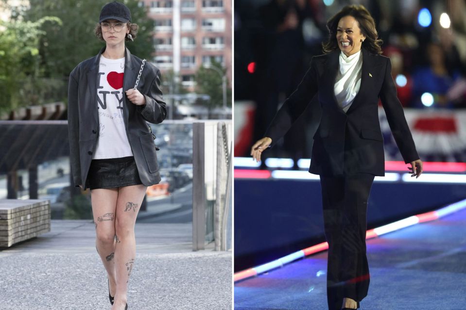 Collage of a young woman in a black leather jacket and a politician in a suit.