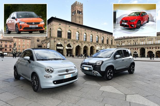 Collage of three cars: an orange Opel Corsa, a silver Fiat 500, and a silver Fiat Panda Cross, in a city square.