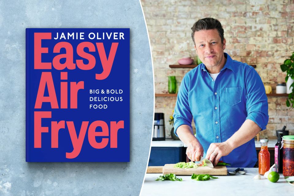 Jamie Oliver's Easy Air Fryer cookbook cover and the author preparing food.