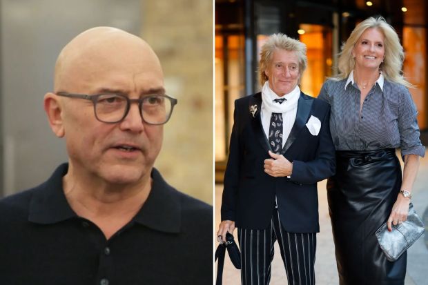 Photo collage of Gregg Wallace and Rod Stewart with his wife.