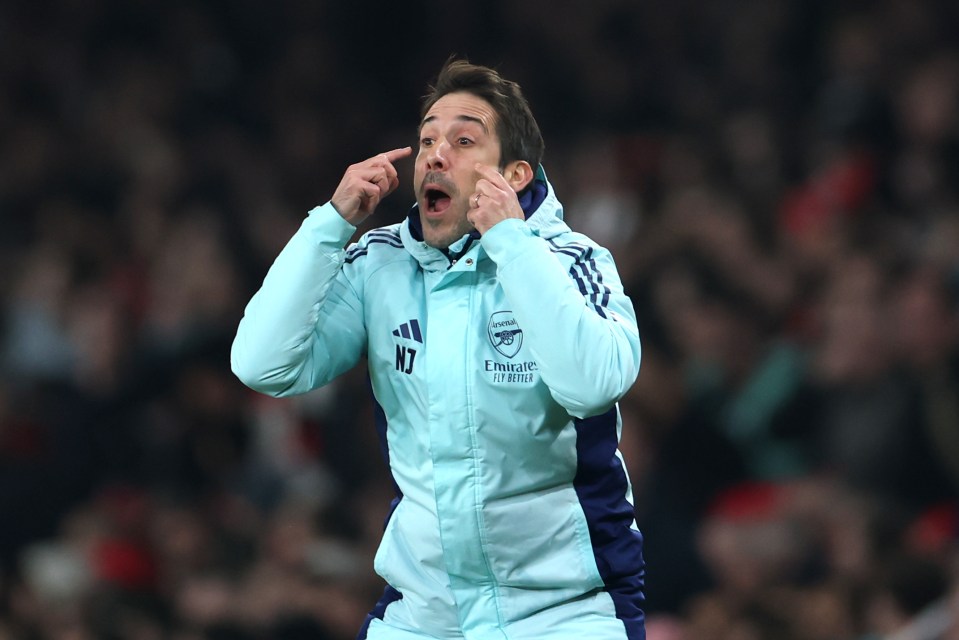 Nicolas Jover, Arsenal's set-piece coach, reacting during a match.