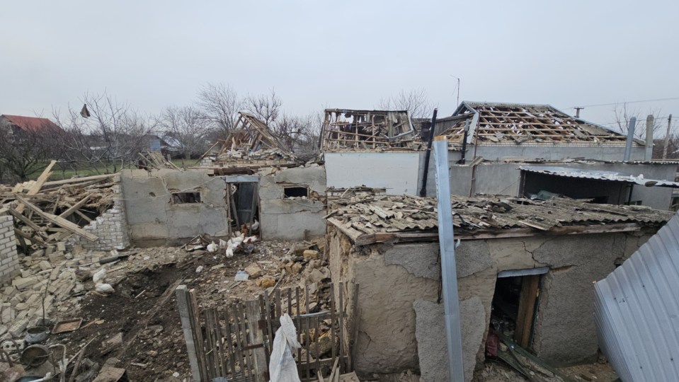 Destroyed residential buildings in Zelenivka, Ukraine.