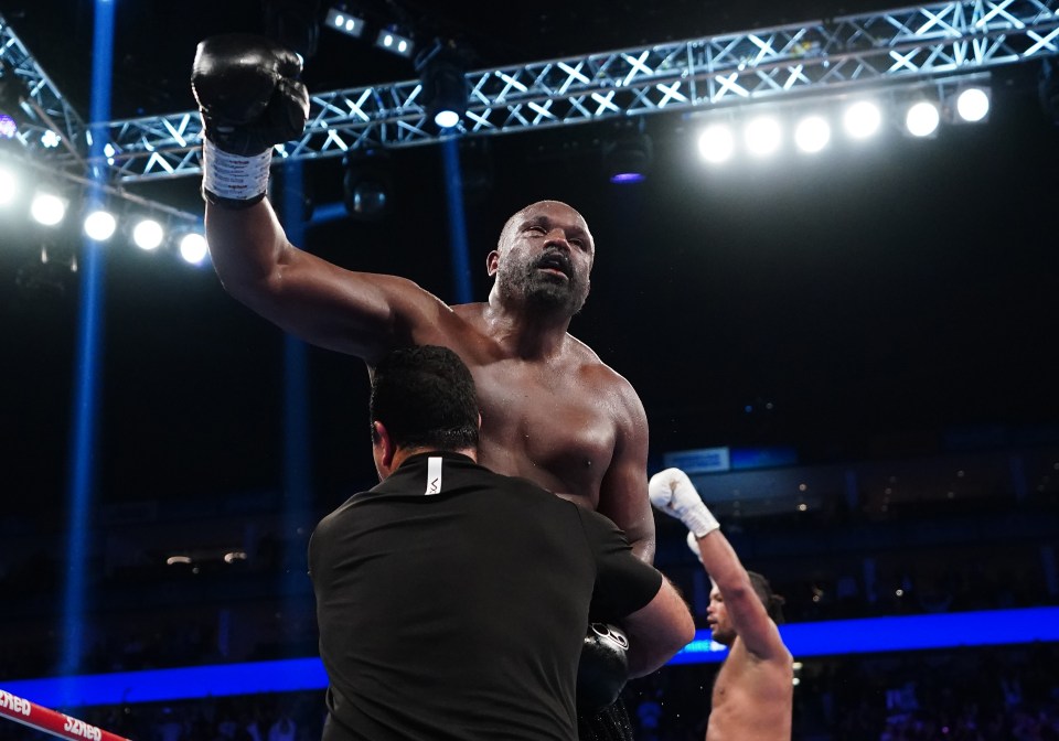 Derek Chisora celebrates a boxing victory at The O2 in London.