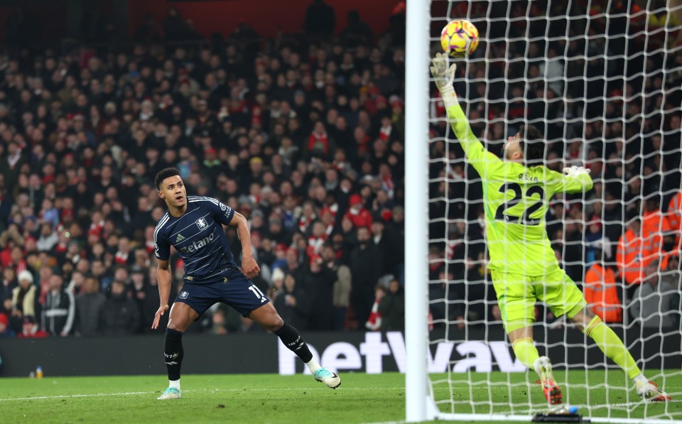 Ollie Watkins of Aston Villa scores a goal.