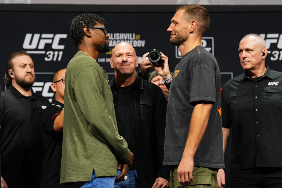 Kevin Holland and Reinier de Ridder facing off at a UFC press conference.