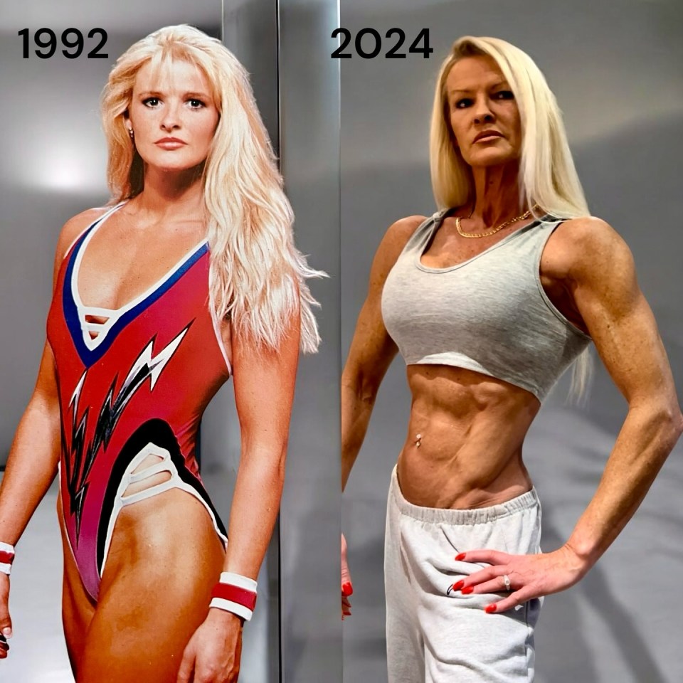 A woman's physique, then and now: a comparison photo showing her in 1992 and 2024.