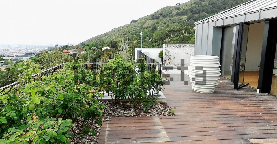 Rooftop terrace with city view and large planter.