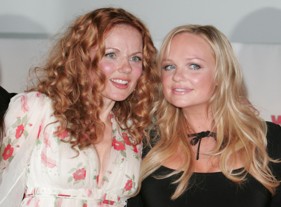 Geri Halliwell and Emma Bunton of the Spice Girls at a press conference.