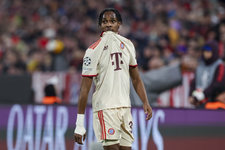 Mathys Tel of Bayern Munich looking dejected during a soccer game.