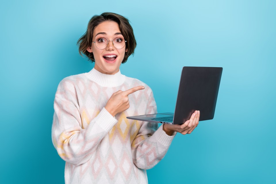 Woman pointing at laptop.