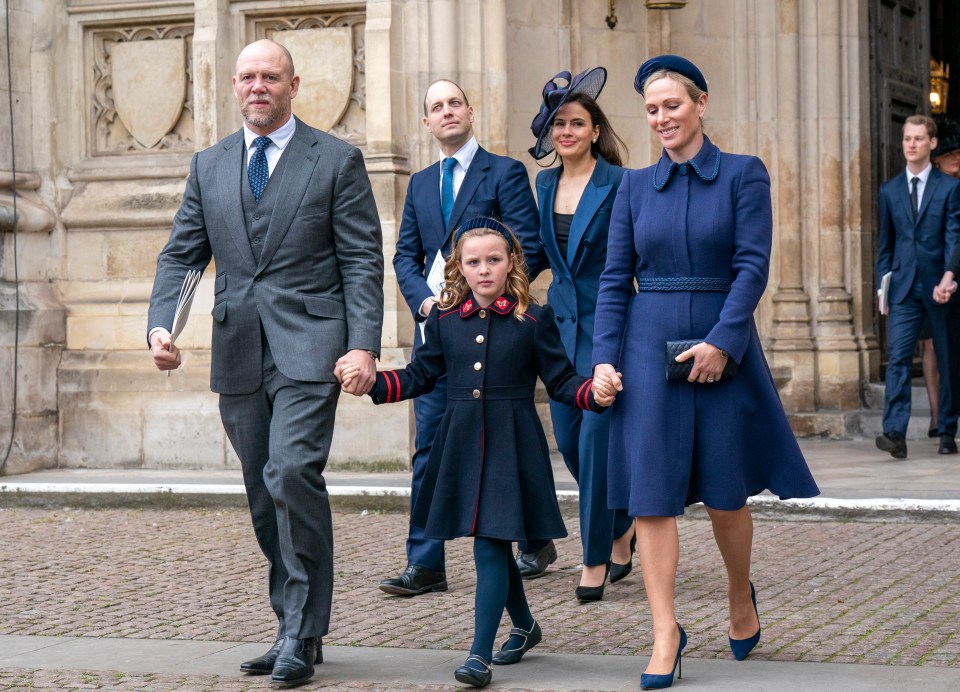 Zara Phillips, Mike Tindall, and their daughter Mia attending a memorial service.