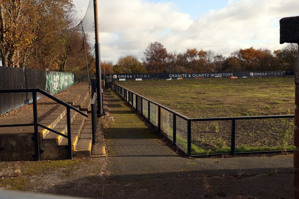 Disrepair of Farsley Celtic's Throstle Nest ground, showing an unplayable pitch.