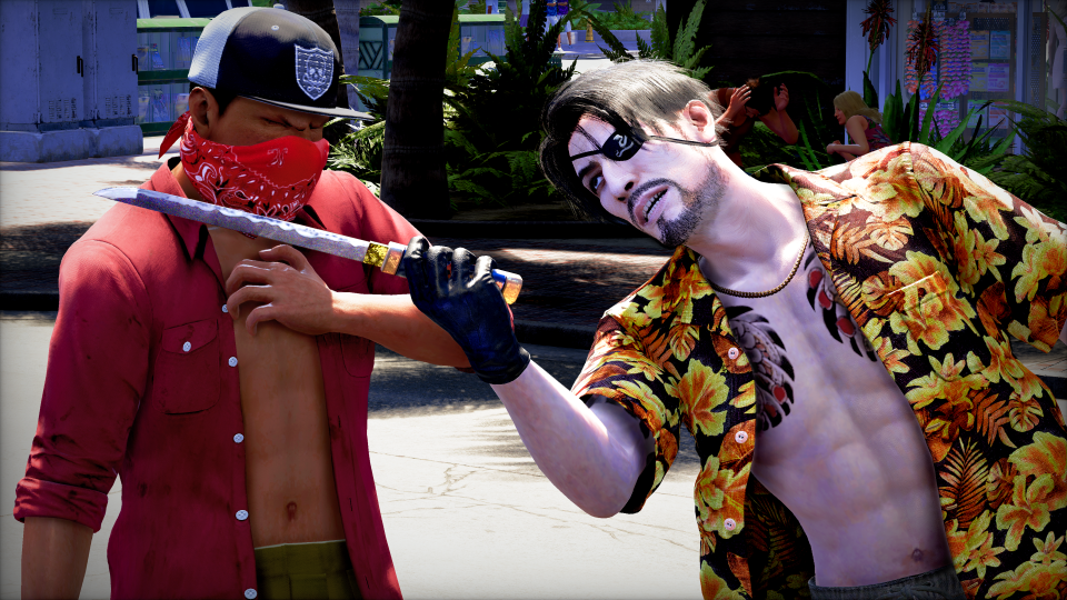 A pirate-like man in a Hawaiian shirt holds a knife to a man in a red shirt.