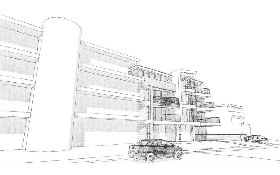 Illustration of a proposed multi-story building with parking.