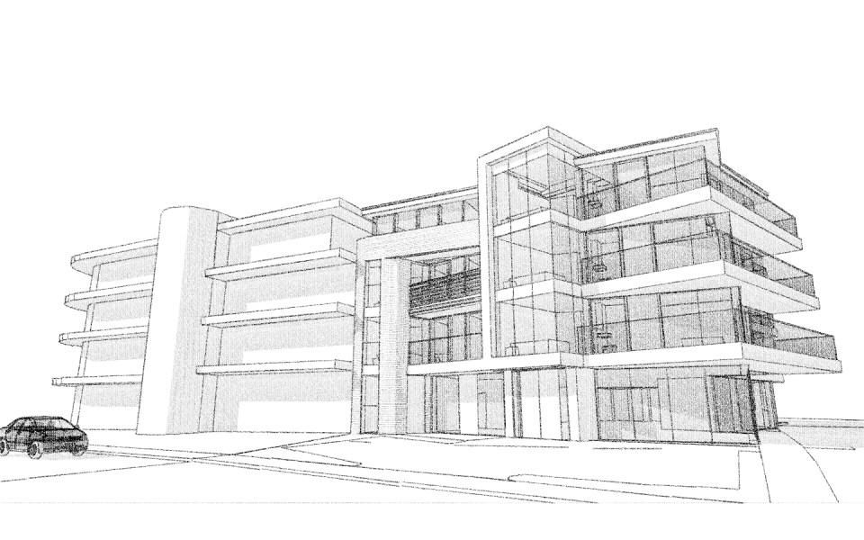 Illustration of a proposed multi-story building with a restaurant.