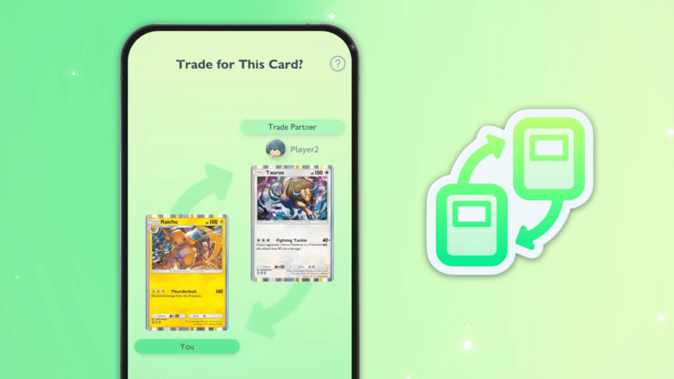 Illustration of a Pokémon trading card game app interface showing a trade between two players.