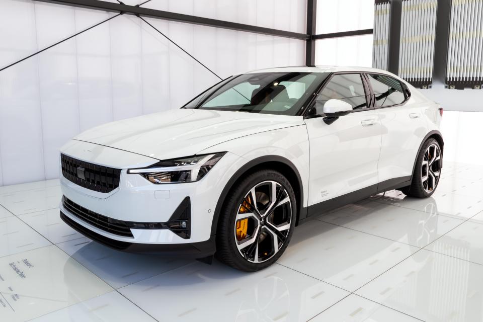 White Polestar 2 electric car on display.