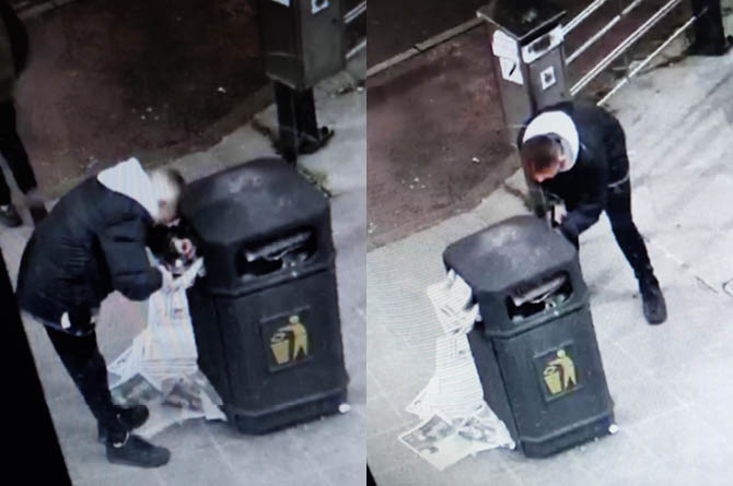 Surveillance images of two individuals near bins; police are appealing for information.