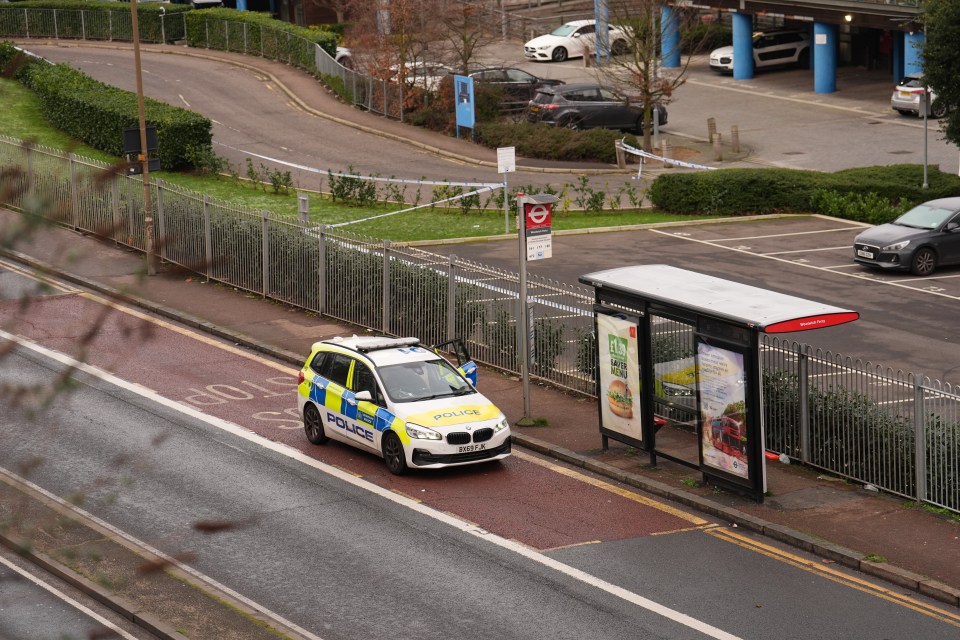 A police car next to a bus stop in Woolwich, south London, after the stabbing