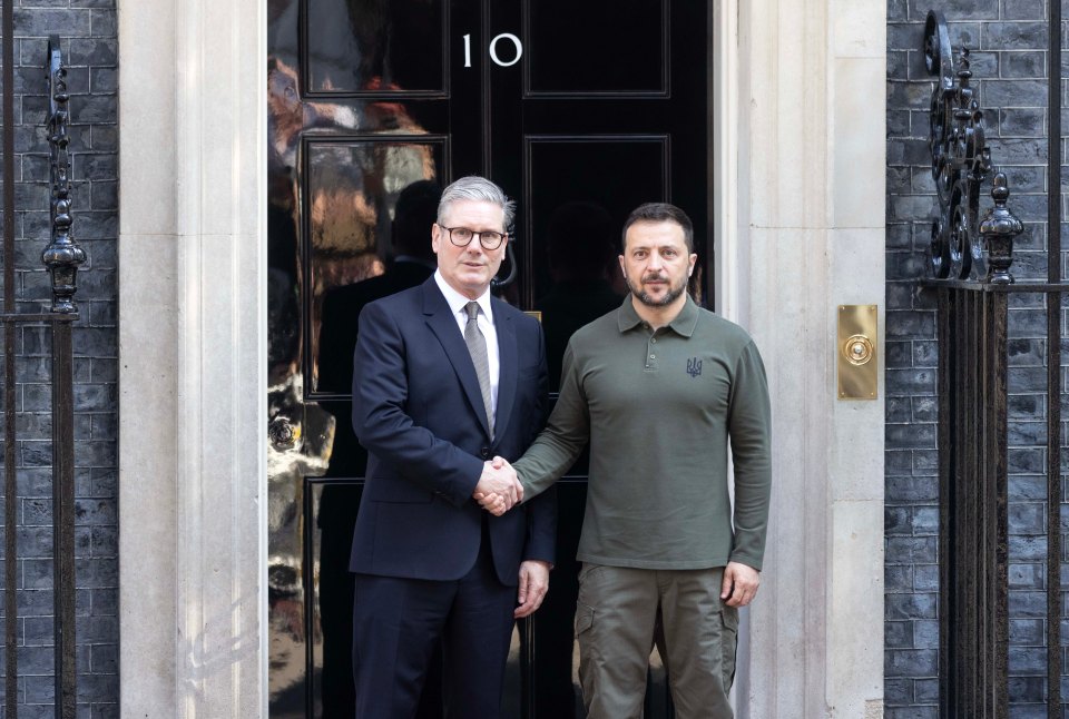 President Zelensky of Ukraine shaking hands with UK Prime Minister Keir Starmer at 10 Downing Street.