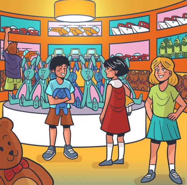 Illustration of children in a toy store looking at stuffed animals.