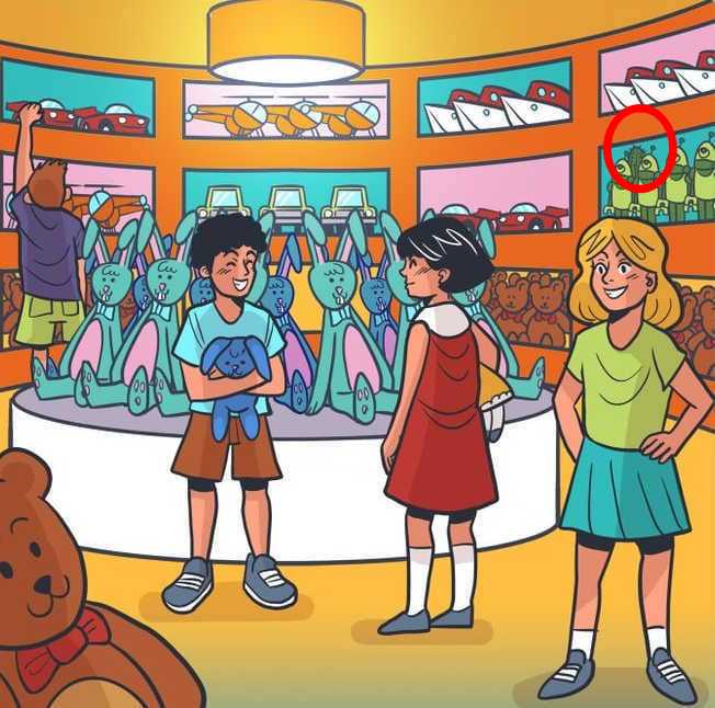 Illustration of children in a toy store; a visual puzzle to find a hidden cactus.