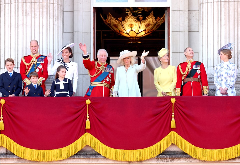 The British royal family on the Buckingham Palace balcony.