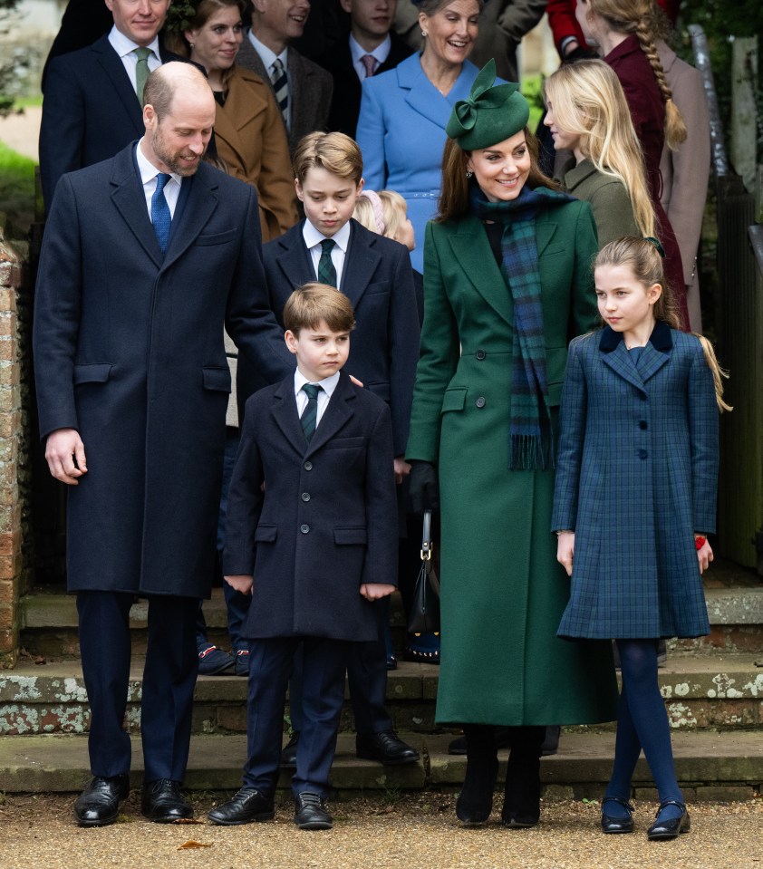 Prince William, Kate Middleton, and their three children attending a Christmas service.