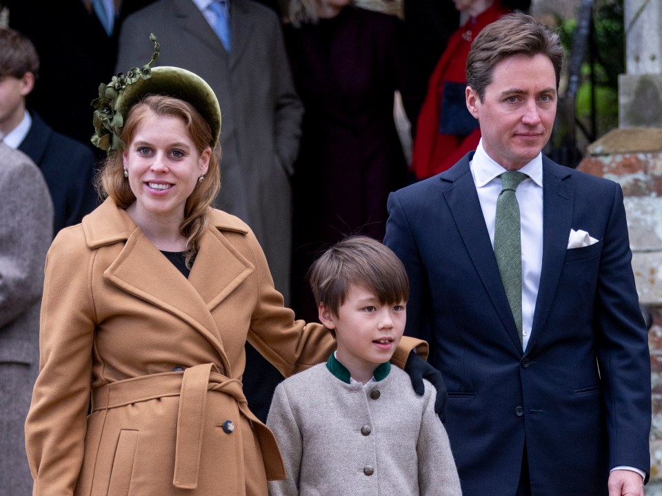 Princess Beatrice, Edoardo Mapelli Mozzi, and a child attending a Christmas service.